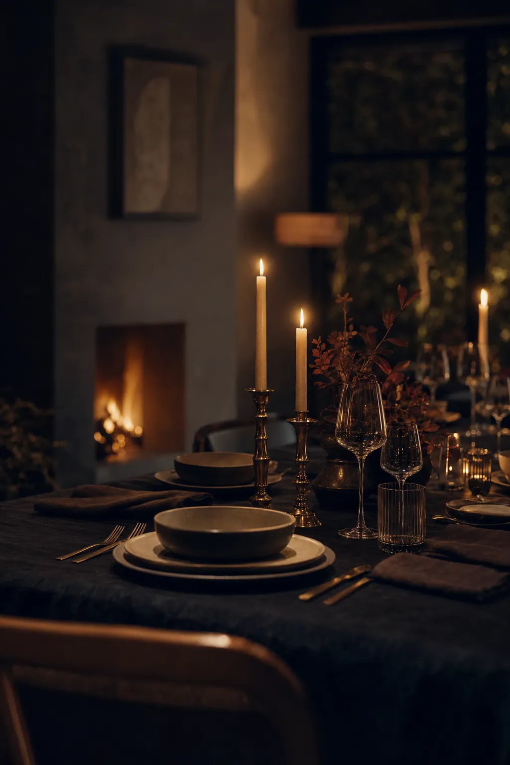 Elegant gedeckter privater Dinnertisch im Kerzenlicht